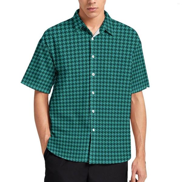 Camisas Casuais Masculinas Verde Preto Houndstooth Beach Shirt Pequeno Padrão Hawaii Street Style Blusas Modernas de Manga Curta Roupas Gráficas