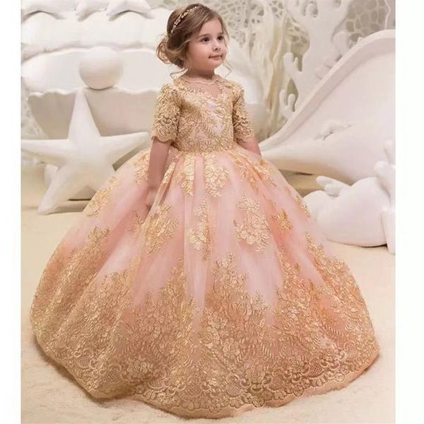 2021 Gold Glitzer Ballkleid Prinzessin Kleine Mädchen Festzug Kleider Fuchsia Little Baby Camo Blumenmädchenkleider für Hochzeit mit Big 311P