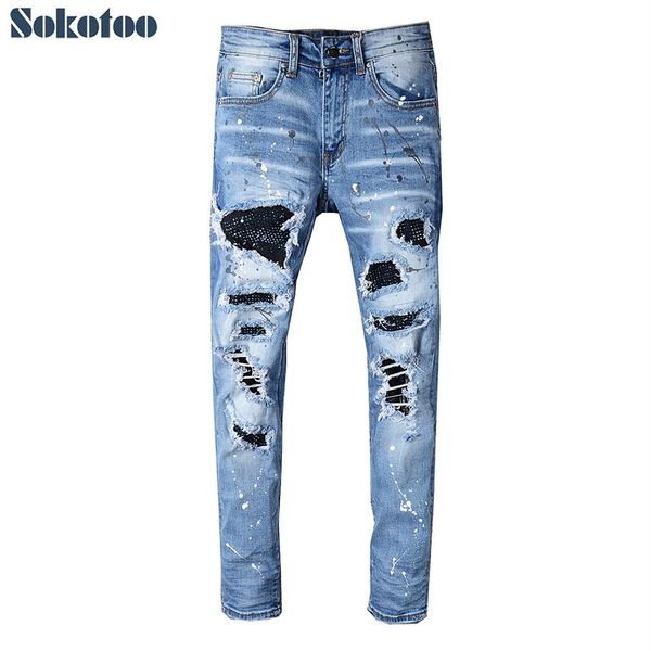 Sokotoo Jeans strappati blu chiaro con patchwork di strass in cristallo da uomo Pantaloni slim fit in denim elasticizzato skinny287K