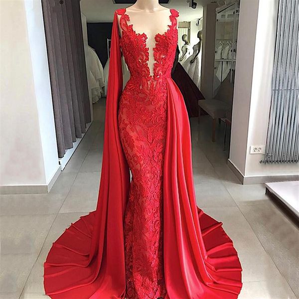 2019 Abiti da sposa in pizzo a sirena rosso brillante Abito da sposa sexy con scollo a V profondo e strascico Vestido de Novia255k