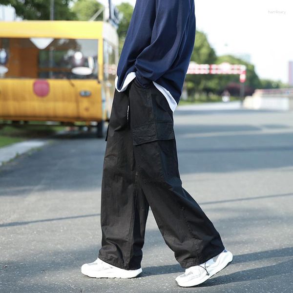 Herrenhose Vintage Cargo Herren Mode Streetwear Taschen Breites Bein Gerade Freizeithose Baggy Kordelzug Overalls Schwarz/Grau