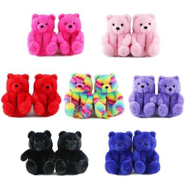 Sandali Inverno Hot Teddy Bear Pantofole di cotone peluche Moda Donna Home Scarpe da pavimento antiscivolo piatte calde Ladies Fuzzy 230417