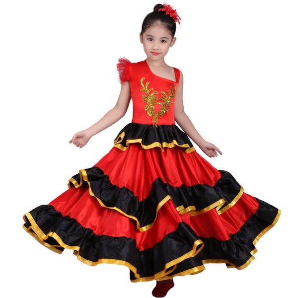 Vestido de dança do ventre vermelho para crianças meninas fantasia de flamenco espanhol vestido tribal de salão de baile com flor na cabeça