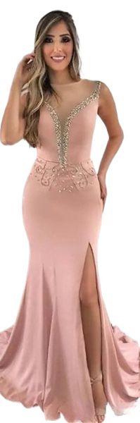 Дешевое темно -розовое вечернее платье с бисером с длинным праздником.