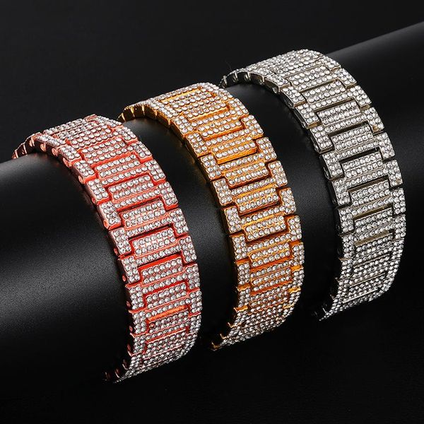 Hip Hop Full Strass Iced Out Bling Gold Silver Watch Band Link Chain Bracelets Bangles for Men Rapper Jewelry249P