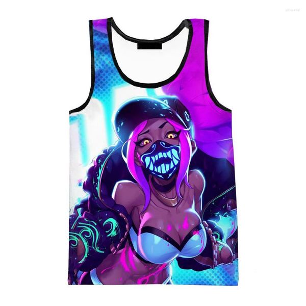 Regatas masculinas Cool Game League Of Legends Akali Moda Masculina Sem Mangas Primavera Harajuku Personalidade Impresso em 3D Beach Tees