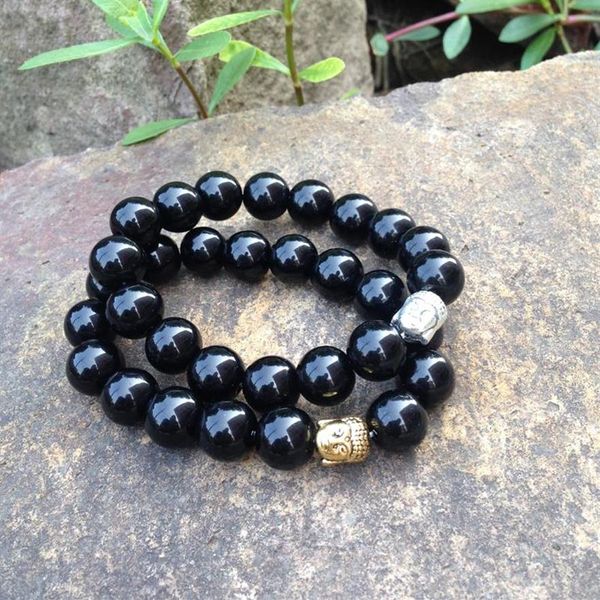 SN0366 Doğal Taş Moda 12mm Siyah Boncuklar Taş Bilezik Erkekler Mala Yoga Buddha Bilezik Noel Hediye Takı 244c