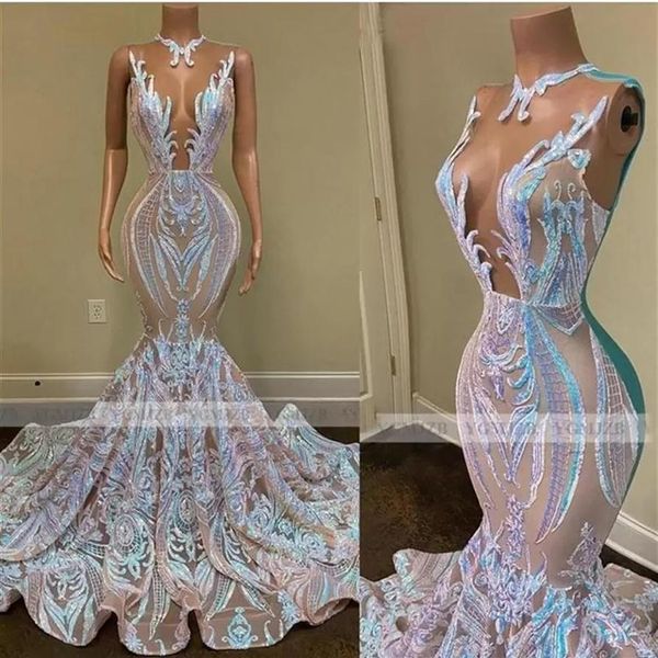 2022 Preto Meninas Brilhante Lantejoulas Vestidos de Noiva Longos Sexy puro Pescoço Sereia Mulheres Africanas Gala Vestidos de Noiva roupões B0518204250H