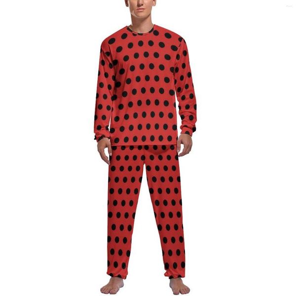 Pijamas masculinos retrô de bolinhas, vermelho e preto, masculino, mangas compridas, conjuntos de pijamas Kawaii, 2 peças, casual, gráfico de outono, terno para casa, presente