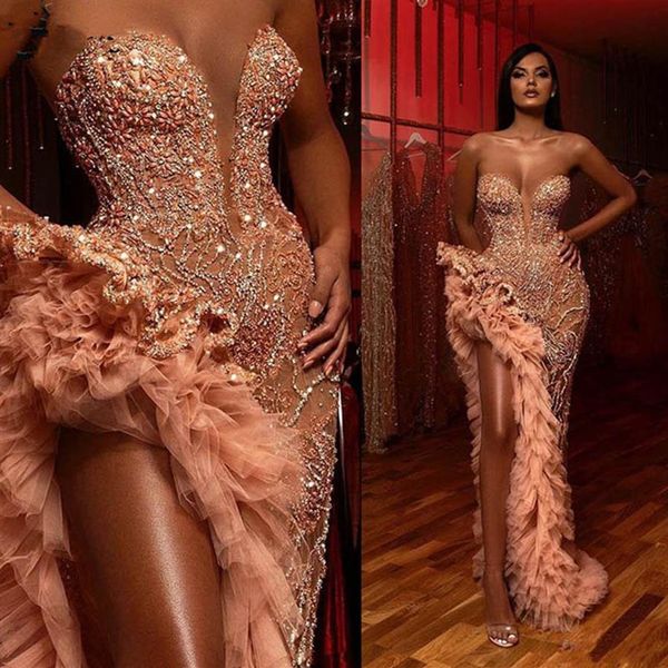 Champagne Blush Mermaid Prom Dresses Sparkly Beaded Ruffles Fessura alta Sweetheart Arabo Abito da sera Occasione Abito abiti da no251c