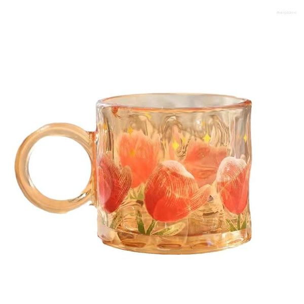 Taças de vinho Ins 300ml Tulipa Âmbar Copo De Vidro De Desenhos Domésticos Flor Transparente Com Punho De Orelha Grande Resistência a Altas Temperaturas