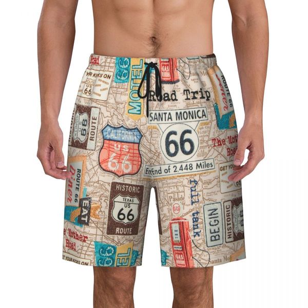 Erkekler şort Vintage Route 66 Baskı Erkekler Yüzme Sandıkları Hızlı Kuru Plaj Giyim Plaj Kurulu ABD Karayolları Harita Boardshorts 230721