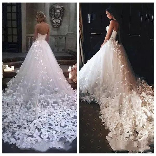 Kelebek süslemeli gelinlik ile askısız a-line gelinlik 2019 şapel tren özel uzun prenses vestidos de mariage cu2567