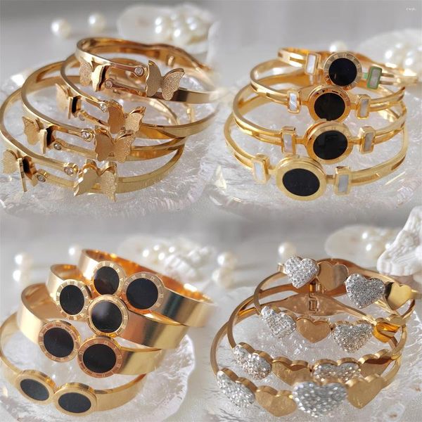 Armreif 1 Stück Mode Schwarz Acryl Edelstahl Armband Für Frauen Romantisches Herz Niedlicher Schmetterling Oval Armreifen Weiblich Goldfarbe Geschenk