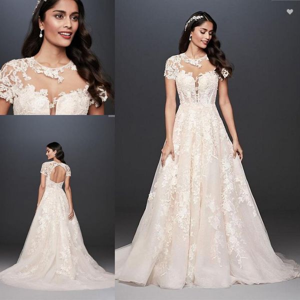 Renda Illusion Cap Manga Vestido de Baile Vestido de Noiva Oleg Cassini 2020 Transparente Decote em O Aplique de Renda Costas Abertas David's Bridal Weddin214O