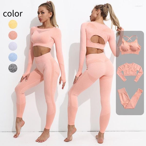 Aktive Sets 3-teiliges Fitnessstudio-Set für Frauen, Krawattenfärben, Yoga, nahtlose Anzüge, Pfirsich-Gesäß, Damen-Outfits, Push-Up-Hosen