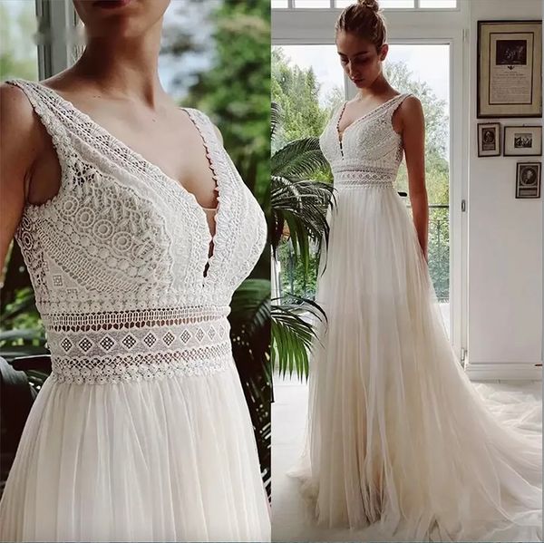 Vestido De Novia Brautkleider Boho Brautkleider 2023 V-Ausschnitt Strand Spitze Elegant Böhmischer Tüll Sexy Rückenfrei Robe De Mariage