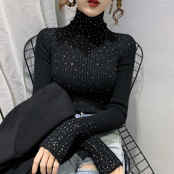 Camisolas Femininas Outono Inverno Roupas Europeias Malha Gola Alta Suéter Grosso Moda Sexy Brilhante Dimaonds Pulôver Feminino 2023