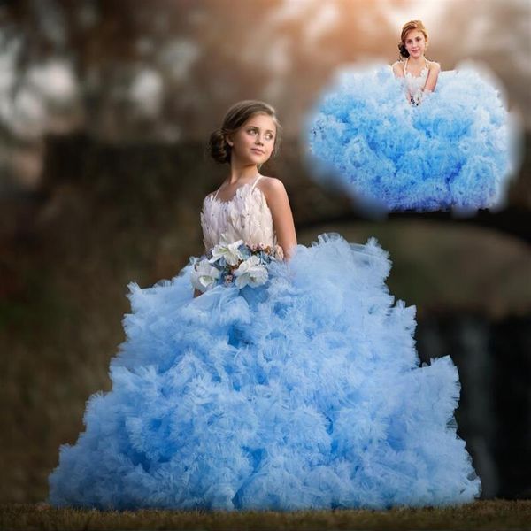 Cloud Blue Girls Pageant Dress 2017 Lovely Fashion Crystal Luxury Feather Comunione Dress Bow Puffy Tiered Flower Girls Abiti Fo244w