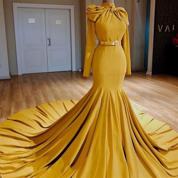 Vestidos de noite de cetim dourado gola alta manga longa babados sereia vestidos de baile com cinto feito sob medida vestidos formais de novia2961