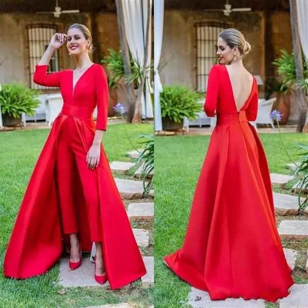 2020 Macacões Vermelhos Elegantes Vestidos de Baile 3 4 Mangas Longas Decote em V Vestidos de Festa à Noite Formais Baratos Calças para Ocasiões Especiais280D