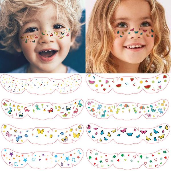 Neue Gesicht Temporäre Tattoos für Kinder Cartoon Schmetterling Obst Dinosaurier Gesicht Sommersprossen Tattoo Aufkleber für Mädchen Jungen Make-Up Party