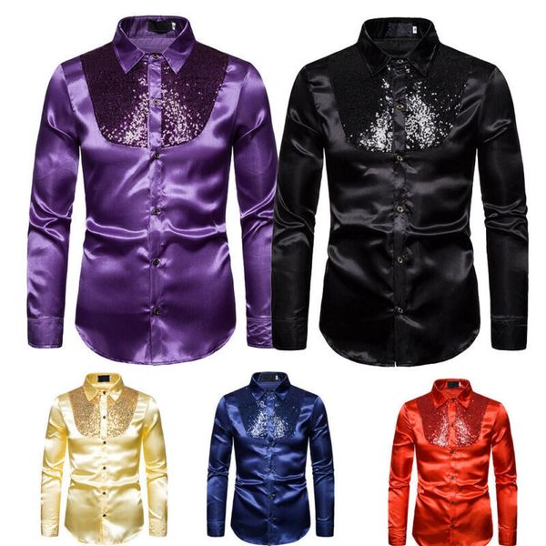 Camicie eleganti da uomo Camicie eleganti a maniche lunghe in raso simile alla seta da uomo formale Slim Ball Wedding / TOP Camicia da ballo da discoteca con paillettes S-XXL 230721