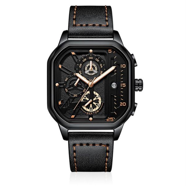 Cool Black NEKTOM Marca Hollow Out Relógios Masculinos Relógios de Quartzo Precisos Pulseira de Couro com Mostrador Quadrado Luminoso Relógios de Pulso264j