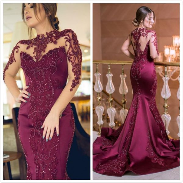 aso ebi arabo bordeaux lussuoso abiti da sera sexy sirena pizzo abiti da ballo in rilievo collo alto festa formale secondo ricevimento go280t