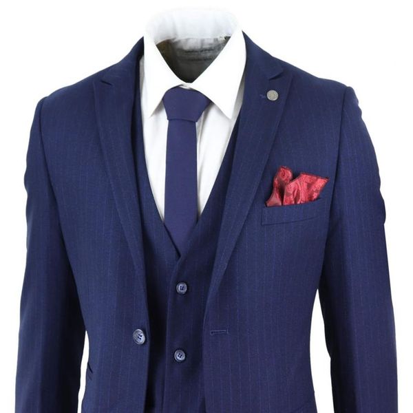 Erkekler lacivert mavisi 3 adet pinstripe mafya takım elbise özel fit çift göğüs vintage yün fit peaky bluters ince fit düğün Tuxe2639