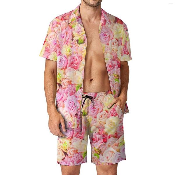 Erkeklerin izleri pembe çiçek baskısı erkek setler gül bahçe gündelik şort yaz moda plaj gömlek seti kısa kollu artı boyutu takım elbise doğum günü