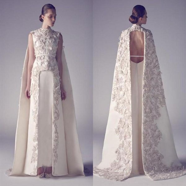 Abiti da sera arabi Zuhair Murad Collo alto Abiti lunghi da ballo Applique Guaina Pageant Abito da sera formale con spacco sul davanti per We231B