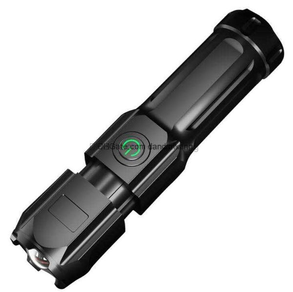 Wasserdichte LED-USB-aufladbare Taschenlampe, tragbar, ABS-Kunststoff, superhelle Taschenlampen, Taschenlampe, Teleskop-Zoom, Outdoor-Jagd, Camping-Lampe