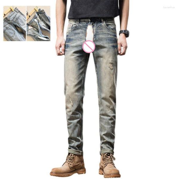 Calças jeans masculinas sexy com zíperes invisíveis abertas sem virilhas sexo ao ar livre convenientes rasgadas justas calças jeans modernas
