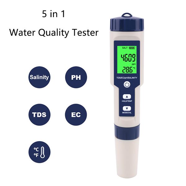 Medidores de ph 5 em 1 testador de qualidade da água digital tds/ec/ph/salinidade/temperatura medidor para piscinas aquários detector de qualidade da água 230721