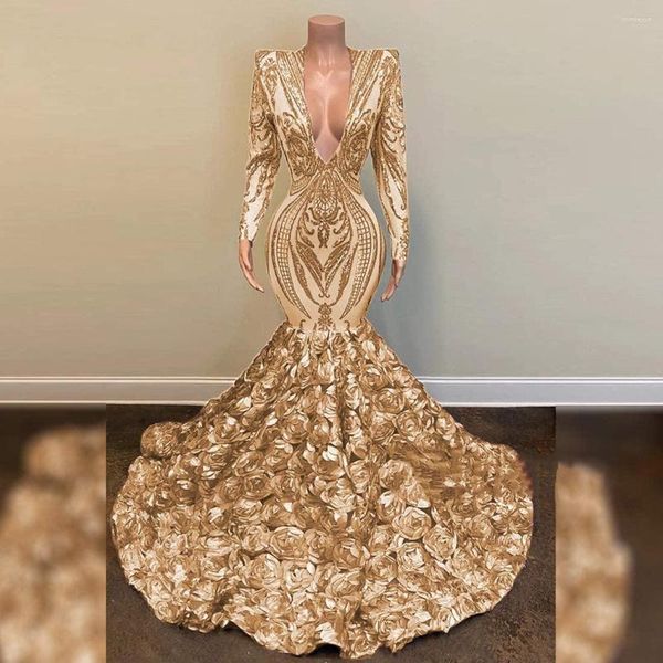 Partykleider Gold Pailletten Meerjungfrau Prom mit Rosenblumen Tiefer V-Ausschnitt Langarm Abendkleid 2023 Afrikanische schwarze Mädchen