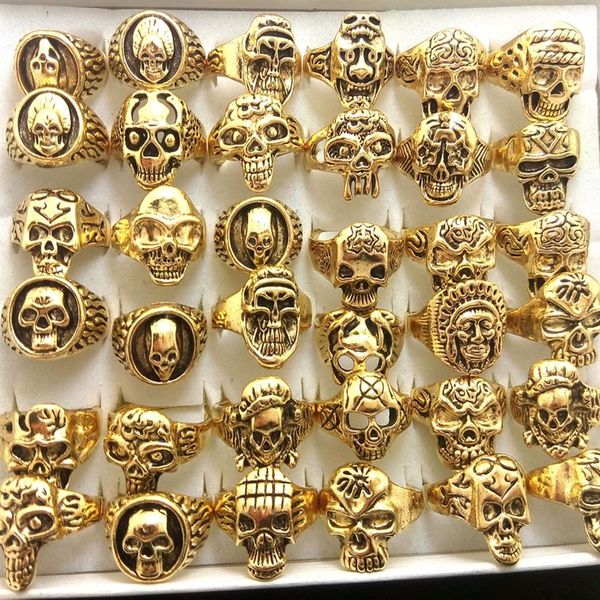 Intero lotto 50 pezzi Gold Mix Men Gift Mens Punk Style Jewelry Skull Ring Scheletro Modello Uomo Gothic Biker Rings Party Gift Wholes214h