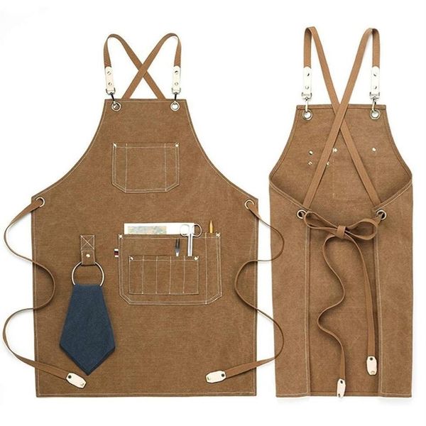 Schürzen Küche Heavy Duty Canvas Barber Work Unisex Kreuzgurte verstellbar Salon Friseur Lätzchen PU-Leder für Männer 221122197B