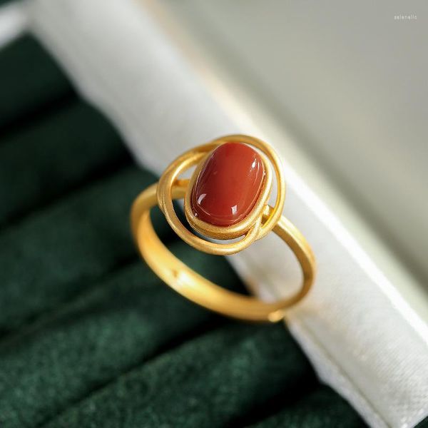 Clusterringe rot Jade Schmuck 925 Silber Frauen Real Fashion Vintage geschnitzt Amulett natürliche Gift Charme Verstellbarer Ring Talisman Stone Stein