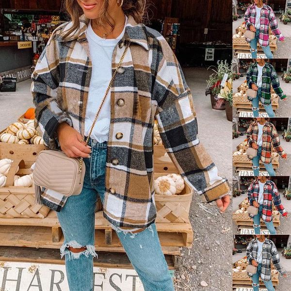 Giacche da donna Camicia a quadri moda primaverile Cardigan a maniche lunghe Risvolto monopetto Vestibilità ampia Cappotto di lana casual