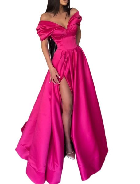 Vestido de noite formal rosa choque até o chão manga curta ombro de fora fenda cetim passarela vestidos de baile de finalistas linha A robe de soiree