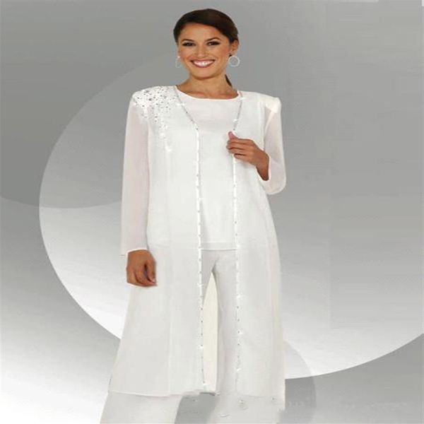 Terno de calça de chiffon branco manga comprida mãe da noiva com blusa longa de lantejoulas frisado três peças mãe do noivo terno de calça B260m