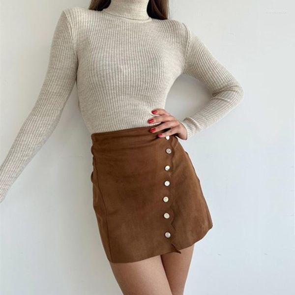 Юбки осень зимняя женская фальшивая замшевая юбка с твердым цветом мода высокая кнопка наклона наклона лепестка