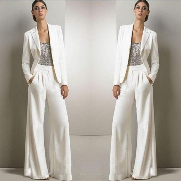 2022 New Bling Paillettes Bianco Avorio Pantaloni Abiti Madre Della Sposa Abiti Smoking Chiffon Formale Usura Del Partito Delle Donne Moda Modest230t