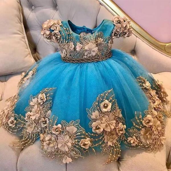 Flor 3D Azul Vestidos de Baile para Meninas Manga Curta Pérolas Princesa Crianças Primeira Comunhão Vestido até o Joelho Criança Batizado Dr2394