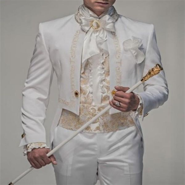 Yeni Stil Beyaz Altın Nakış Damat Smokin Groomsmen Erkekler Blazer Düğün Takımları Prom Giyim Ceket Pantolon G10932658