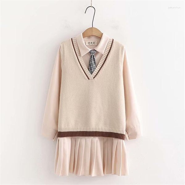 Casual Kleider Süße Mode Adrette Frauen Vintage Kleid Frühling Nette JK Schuluniform Kleidung Kawaii 2 Stück Set Hemd 2023