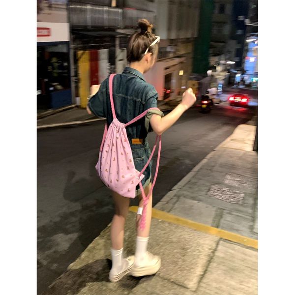 Mochila escolar moda urso rosa com cordão para mulheres Kawaii cartoon algodão Y2k estilo coreano viagem compras bolsa para meninas 230721