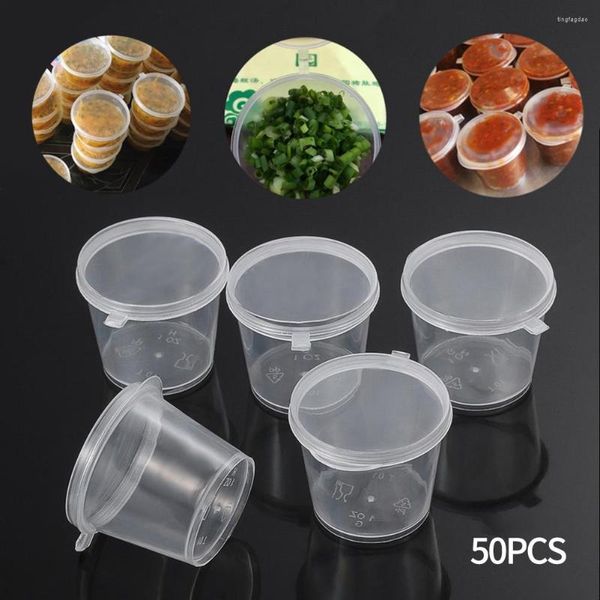 Bottiglie di stoccaggio 50pcs Contenitore per salse usa e getta Contenitore per salse Supporto per trucco a prova di perdite Imballaggio di plastica Rotondo Condimenti per insalata Condimento