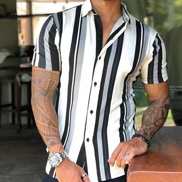 Camicie eleganti da uomo Camicia da uomo Camicia estiva Top Tee 5XL Stripes Pattern All-match Stand Collar T-Shirt per uomo Manica Camicie casual Camicetta maschile 230721